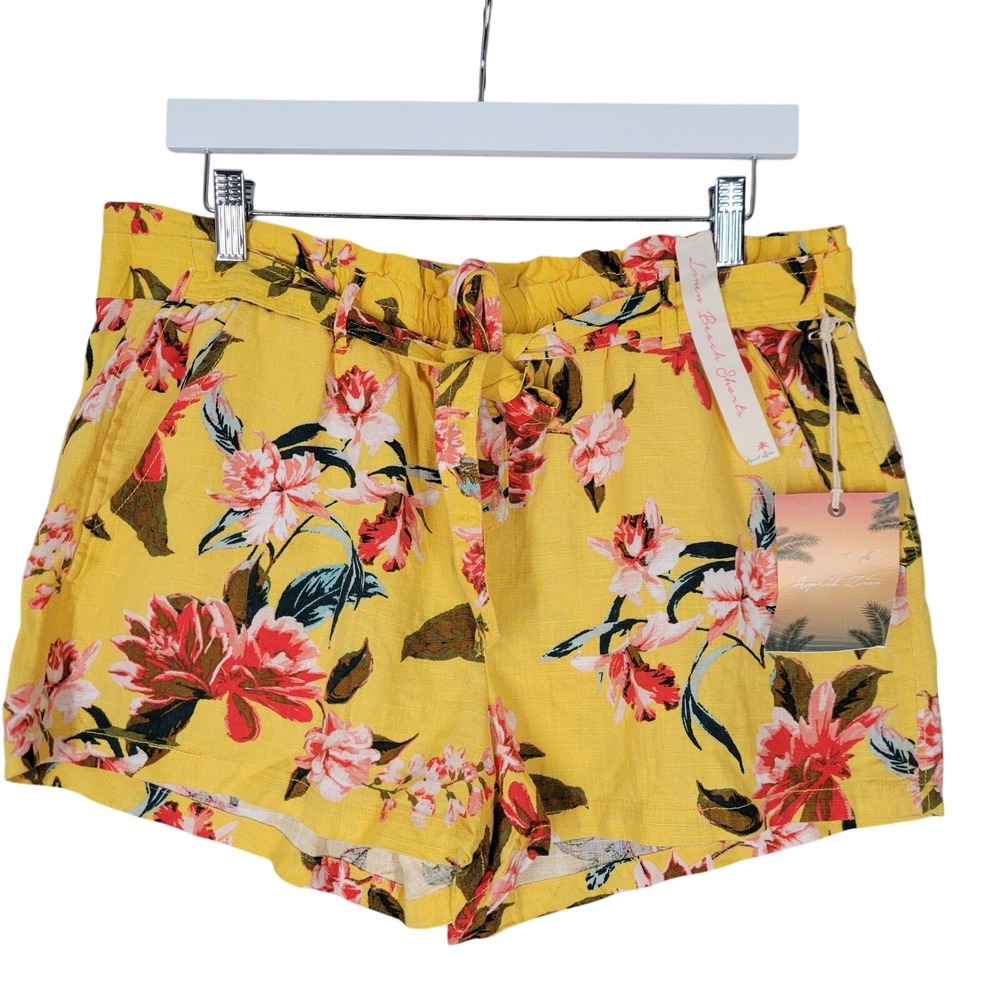 April Kiss Linen Blend Shorts Womens‎ L Yellow Floral Paperbag Waist NWT